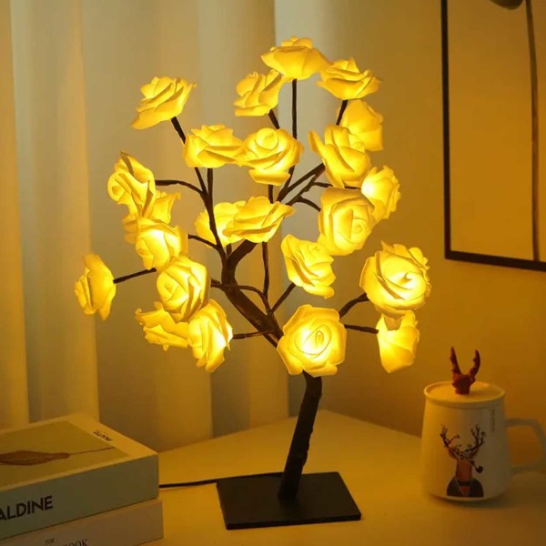 LED -pöytävalaistuspuut ruusuilla valkoinen