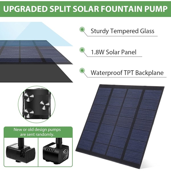 Solcelledrevet fontænepumpe med solpanel til fuglebad og dam sort
