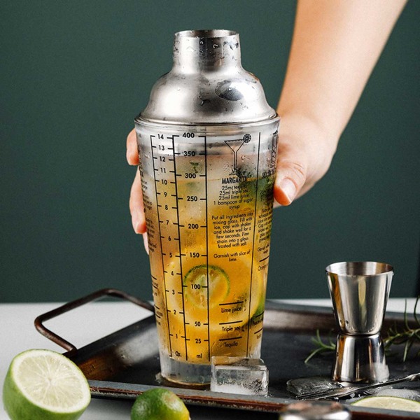 Cocktailshaker med Drinkrecept 400ml Shaker Glas Rostfritt Stål silver
