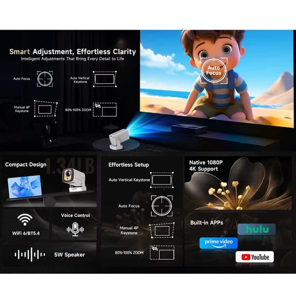 2026 HY310 Full HD 1080p Smart Projektor, Android 14, Autofokus, 4K-støtte & AirMouse hvit