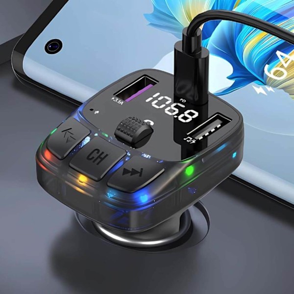 Bluetooth biladapter oplader PD | Trådløs FM-sender og musikafspiller med USB sort