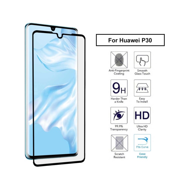 Huawei P30 Heltäckande HD Skärmskydd Kolfiber Härdat Glas svart