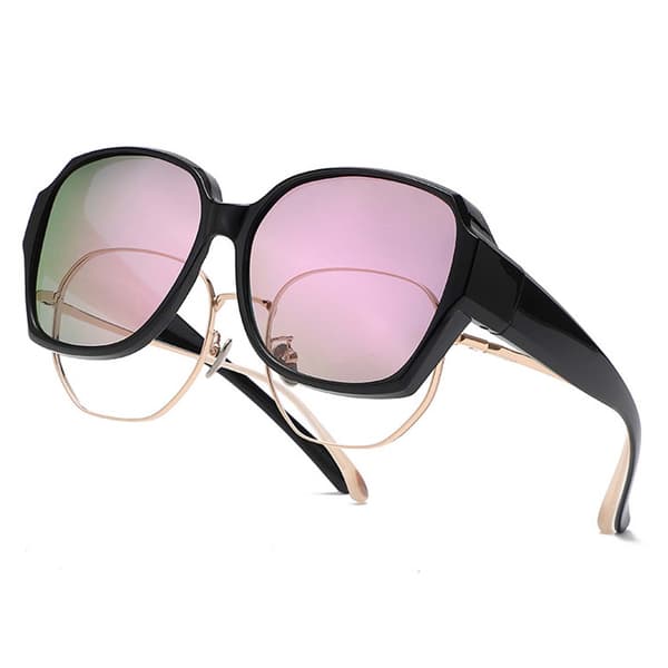 Solbriller ovenpå briller – Polariserede Suncovers UV400, Rosa linser, Sort stel
