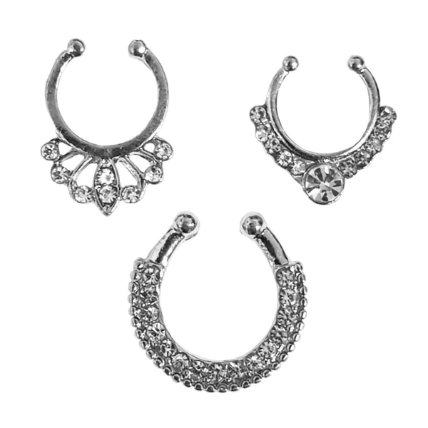 Fake Septum Näsring 3-pack Fakepiercing Silver Kristall silver