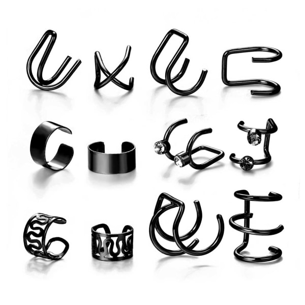 12-pakke falske helix piercing ører ørering øre manchet uden hul sort