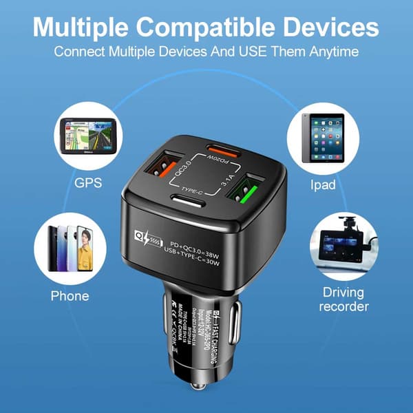 Autolaturi 4 USB SuperSnab 38W PD Quick Charge 3.0 musta