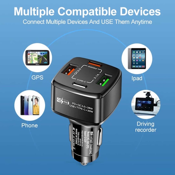 Billaddare 4 USB Supersnabb 38W PD Quick Charge 3.0 svart