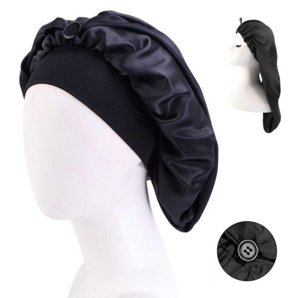 Lång Sovmössa - Satin Bonnet - Hårvårdsmössa Sleep Cap One-Size Svart svart