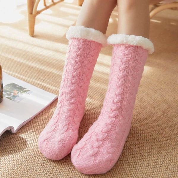 Lurviga Varma Stickade Sockor Tofflor med Halkskydd Rosa rosa one size