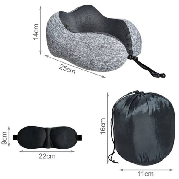 Memory Foam matkatyyny | 3D kaulatyyny | Setti, jossa silmänaamari ja korvatulpat harmaa