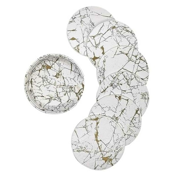 6-Pack Glasunderlägg PU-Läder Guld Marmor Vit vit