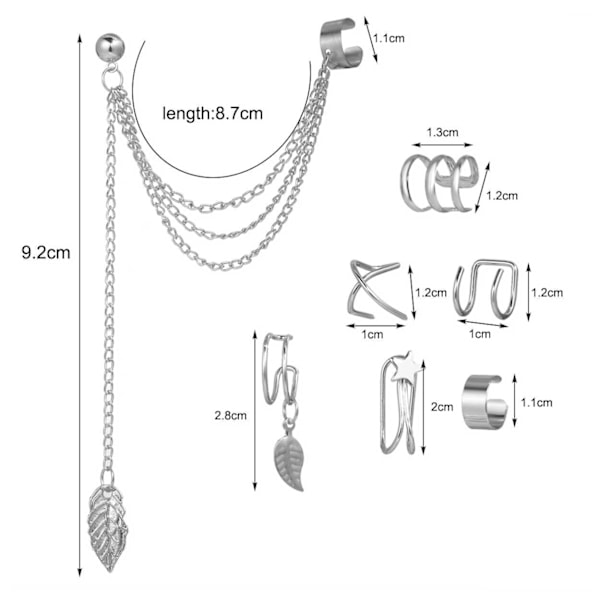 Ear Cuff Öron Piercing Set Utan Hål Silver silver