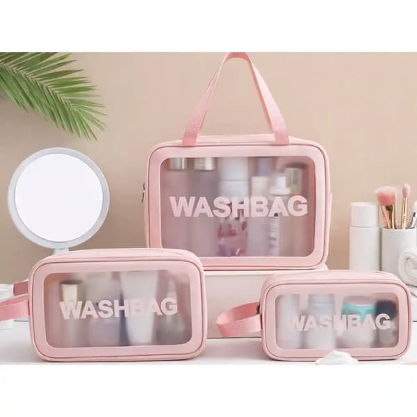 Necessär Set 3-Pack Transparent – Resenecessär i 3 Storlekar med Dragkedja Rosa
