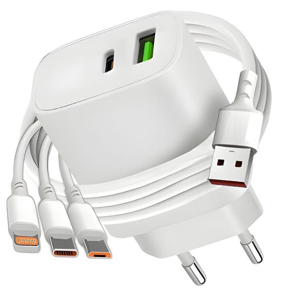 20W hurtigoplader USB & USB-C + 3-i-1 kabel – PD & QC3.0 vægoplader til iPhone og Android