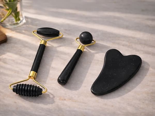 Ansiktsmassage Jade 3-i-1 med Roller och Gua Sha Svart