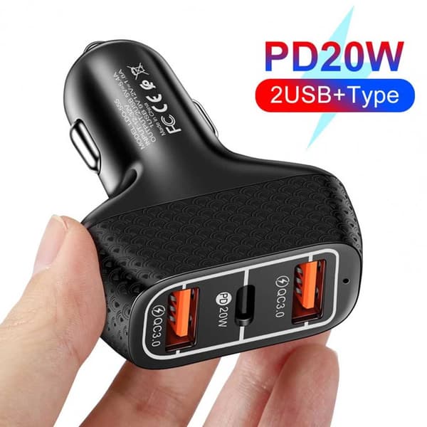 Biloplader 3 USB Supersnab 20W PD Quick Charge 3.0 sort