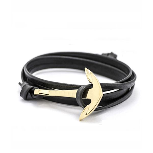 Trendy læder armbånd reb med anker i metal sort / guld sort