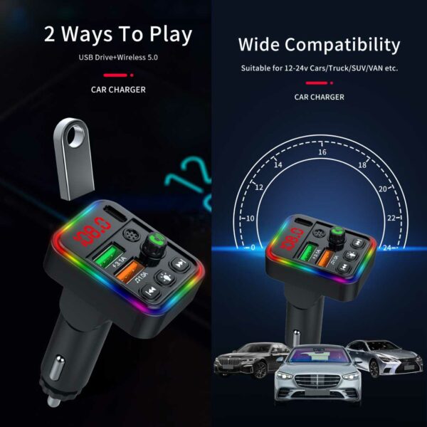 Bluetooth FM-sender Billader USB-C RGB svart