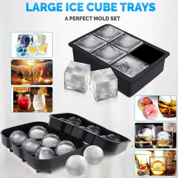 2 -Pack -silikonijäämuoto - 6 suurta jääkuutiota ja jääpalloa musta
