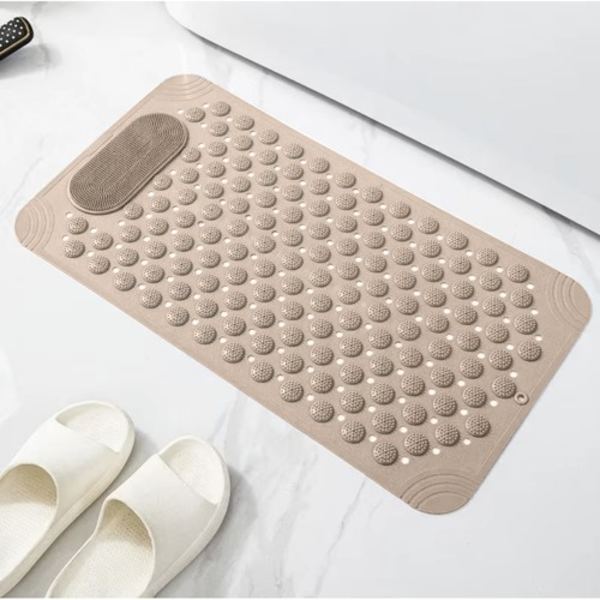 Liukumaton suihkumatto, jossa jalkakuorinta ja imukupit beige