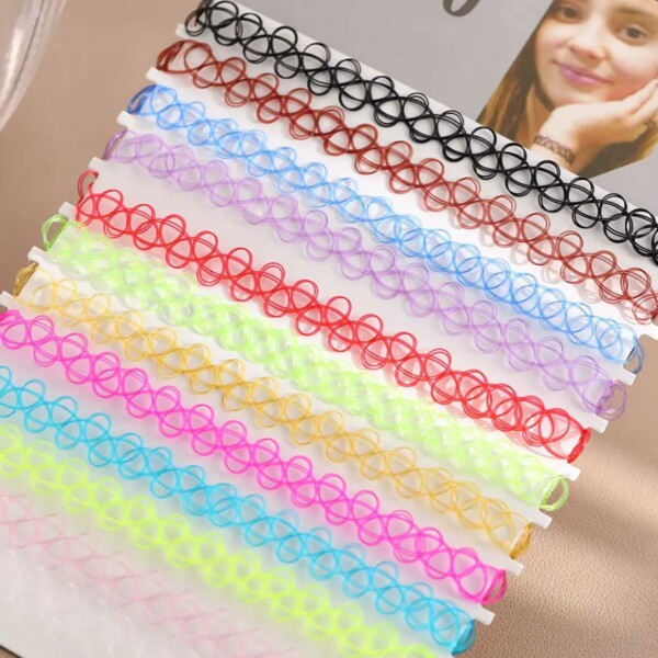 12-pack Trendiga Färgglada Choker Halsband Stretch Spets Lace flerfärgad