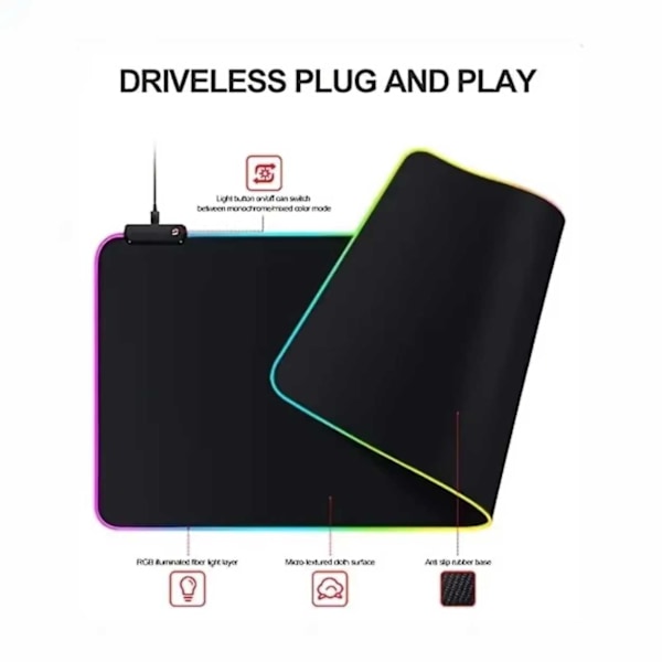 Gaming LED RGB skrivebordsmatte 80x30cm svart