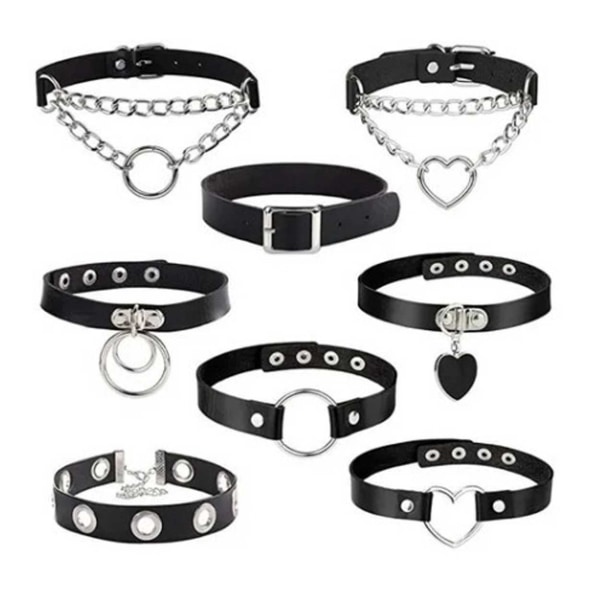 8-pack PU Läder Choker Halsband Skinn Svart svart