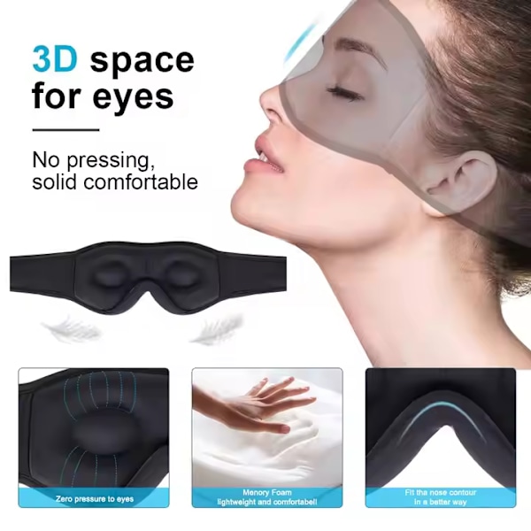 3D Memory Foam Sovmask med Bluetooth Hörlurar och Timer | Lyx Sovhörlurar Svart svart