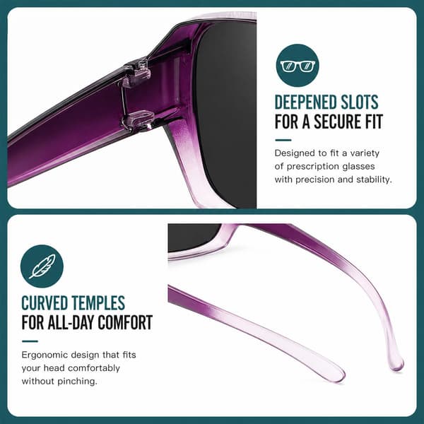 Solbriller ovenpå briller – Polariserede Suncovers UV400, Rosa linser, Sort stel
