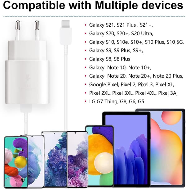 25W USB C Snabbladdare med 1m Typ C-kabel – Kompatibel med Samsung Galaxy, iPhone och iPad (USB-C) Vit