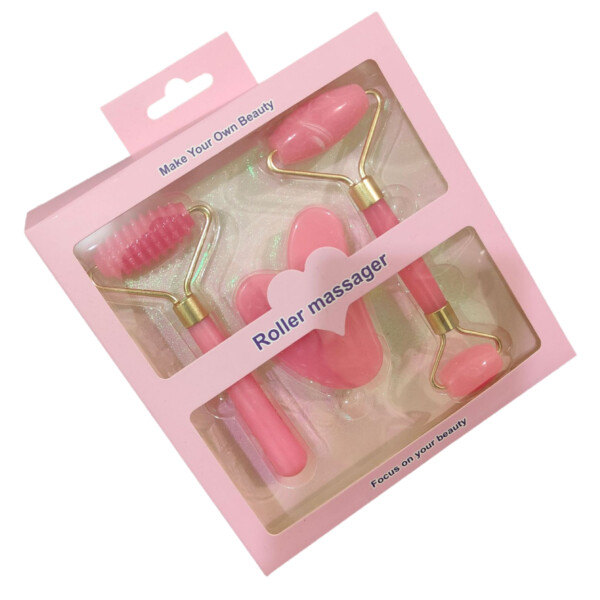 3-pack harpiks Rose Roller og Gua Sha ansiktsroller rosa