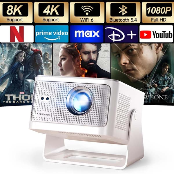 2026 HY350 MAX 8K HD Smart Projektor Android 14 900 ANSI med Autofokus og Apper hvit