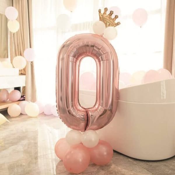 Stort lodret tal ballonsæt | Rosa guld Metallic Nummer 0 110cm
