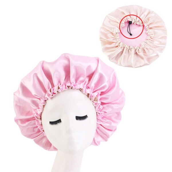 Sleeping Cap - Satin Hair Care Wedding Bonnet - Justerbar søvnkappe lyserød pink