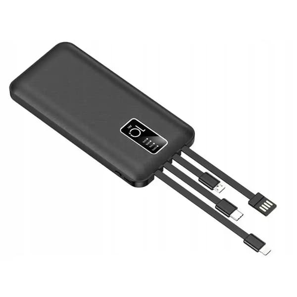 Powerbank på 10.000 mAh med indbyggede kabler – USB-C, Lightning og Micro USB (LED-display)