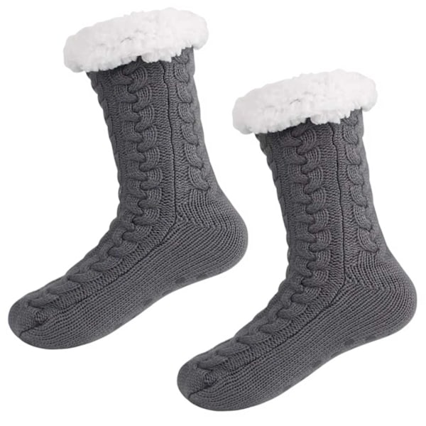 Lurviga Varma Stickade Sockor Tofflor med Halkskydd Grå grå one size