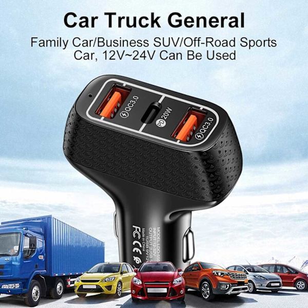 Autolaturi 3 USB SuperSnab 20W PD Quick Charge 3.0 musta