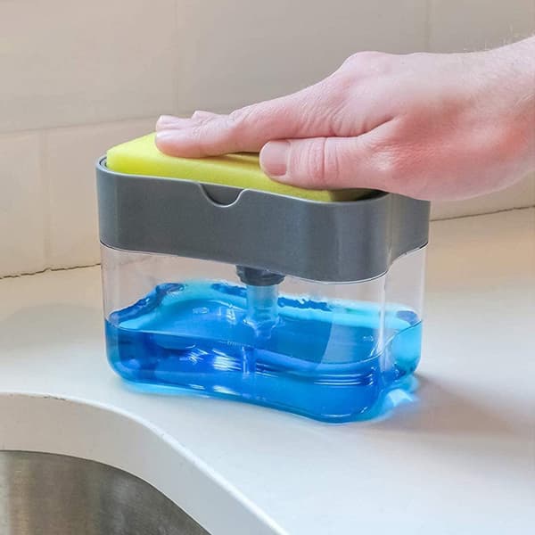 Vaskemiddeldispenser og holder til vaskesvamp grå