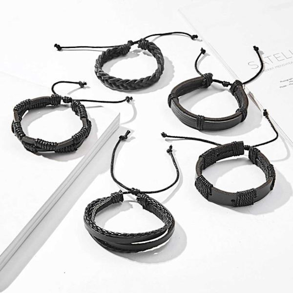 5-pakke håndlavet læderarmbånd mænds ledning sort sort