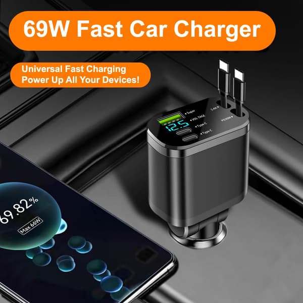 5-i-1 USB-C 100W Hurtiglader for Bil | Billader med Utrekkbare Kabler