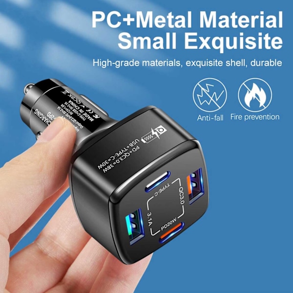 Billaddare 4 USB Supersnabb 38W PD Quick Charge 3.0 svart