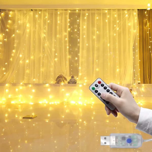 LED -gardin USB -lyssløyfe med fjernkontroll 3M varm hvit gul