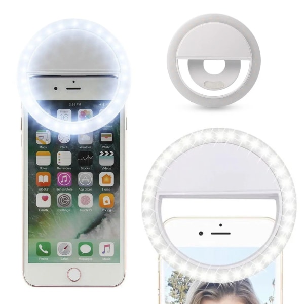 Clip-on selfie lampe til smartphone LED ringlys hvid