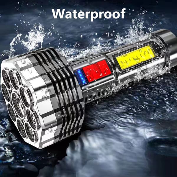 Taktisk Lommelykt Oppladbar – 9 LED + COB – USB – IP64 – Flere Lysmoduser
