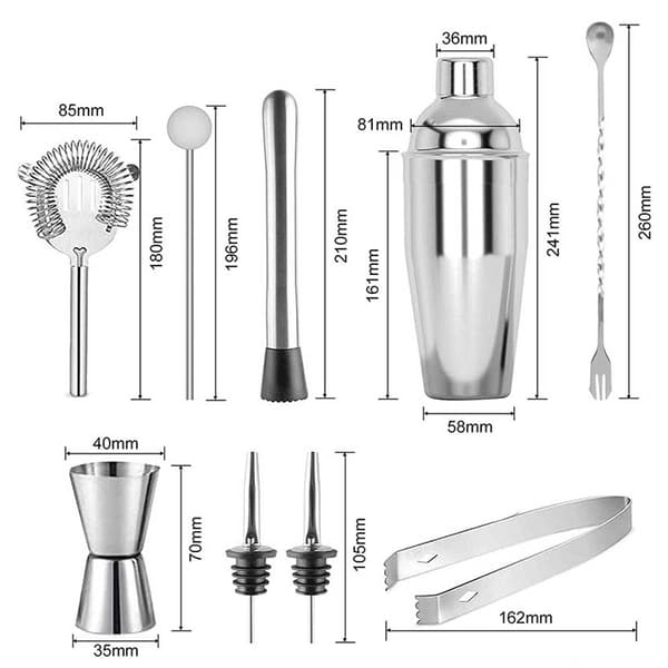 Cocktailset 9-delers barset 550 ml Shaker rustfritt stål sølv