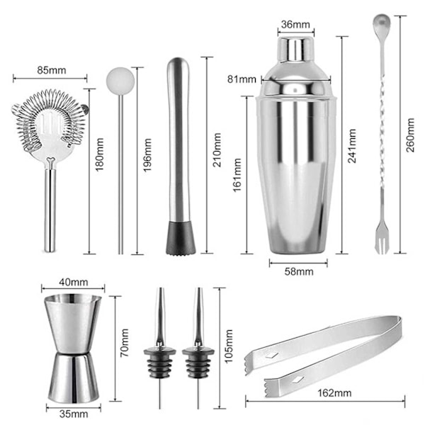 Cocktailset 9-osainen barset 550ml ravistelija ruostumaton teräs hopea
