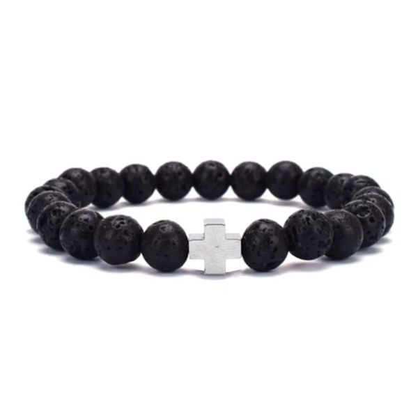 Armband Lavasten med Kors Silver svart