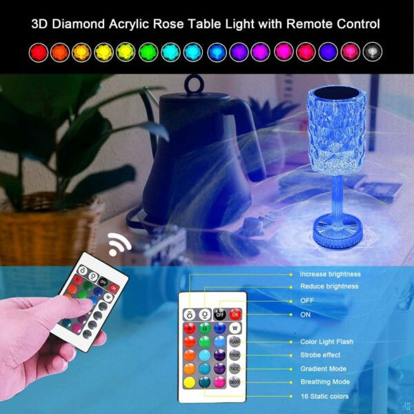 Kristall LED Lampa 16 Färger Fjärrkontroll Touch Uppladdningsbar flerfärgad
