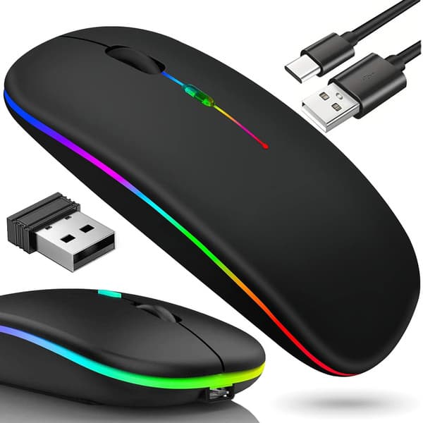 Trådløs Mus Bluetooth & 2.4 GHz Optisk RGB Genopladelig Slim Sort