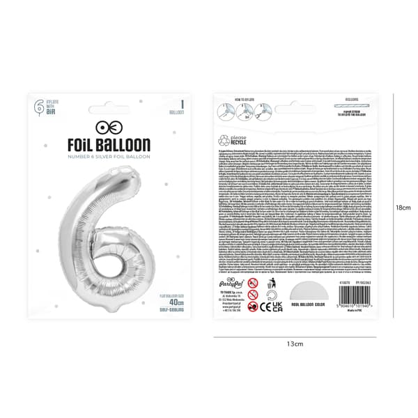 Sølv Folieballong Nummer 6, 40 cm sølv